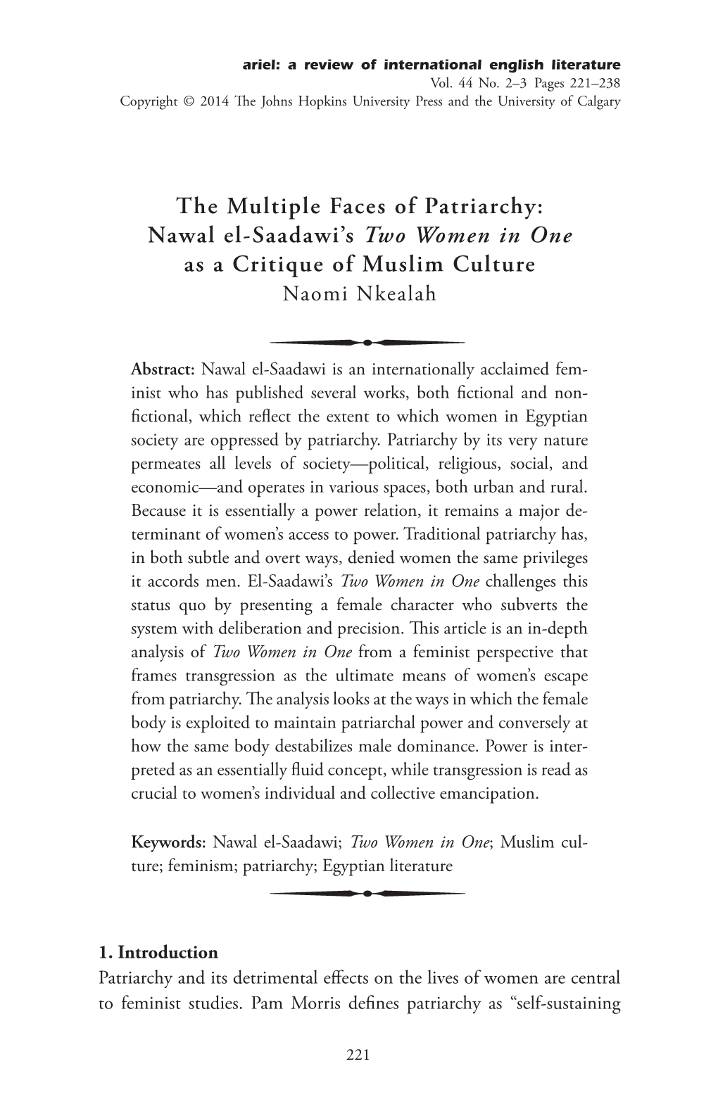 Nawal El-Saadawi's Two Women in One As a Critique of Muslim Culture