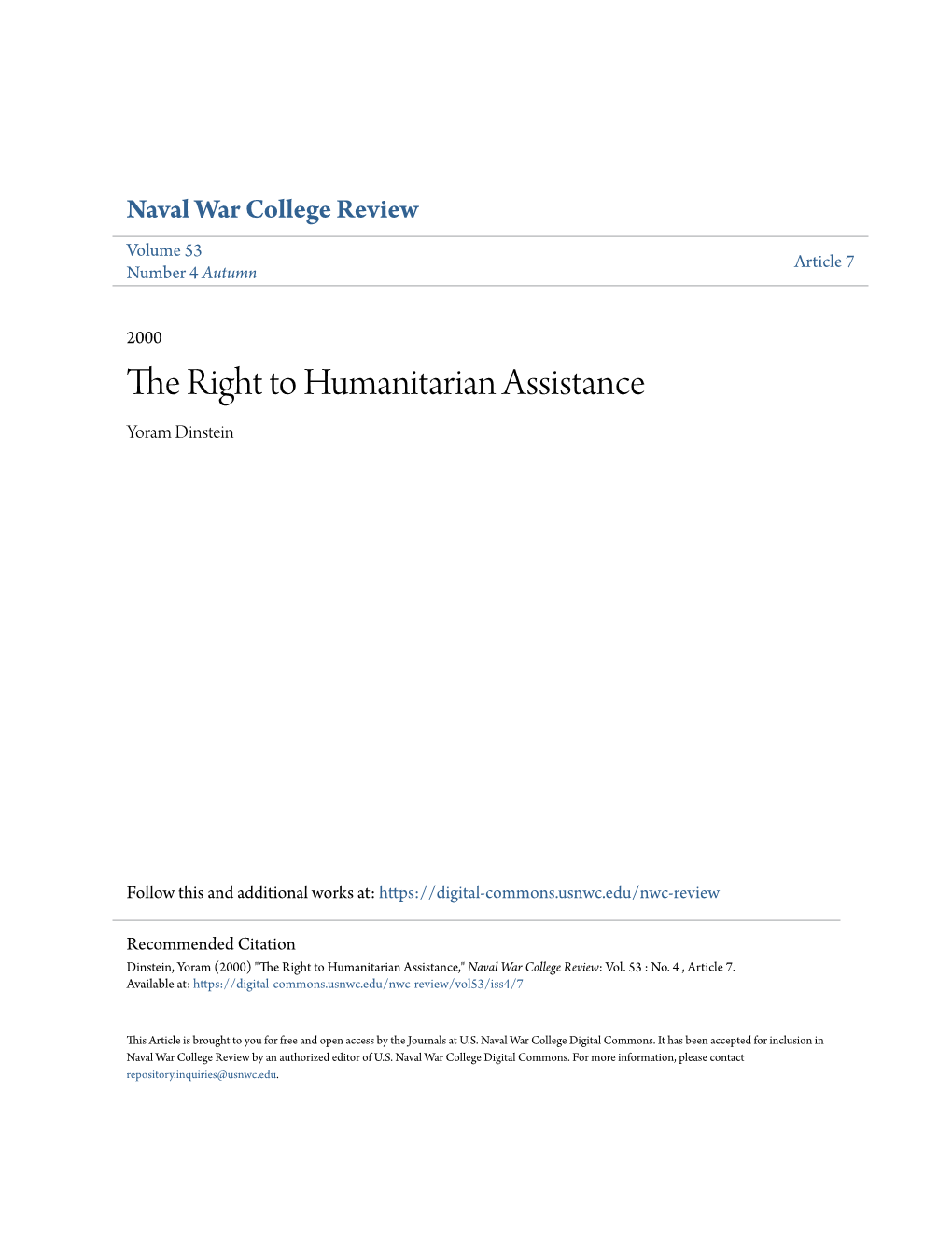 The Right to Humanitarian Assistance Yoram Dinstein