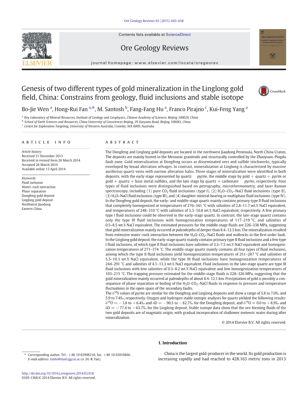 Genesis of Two Different Types of Gold Mineralization in the Linglong Gold Field, China: Constrains from Geology, Fluid Inclusio