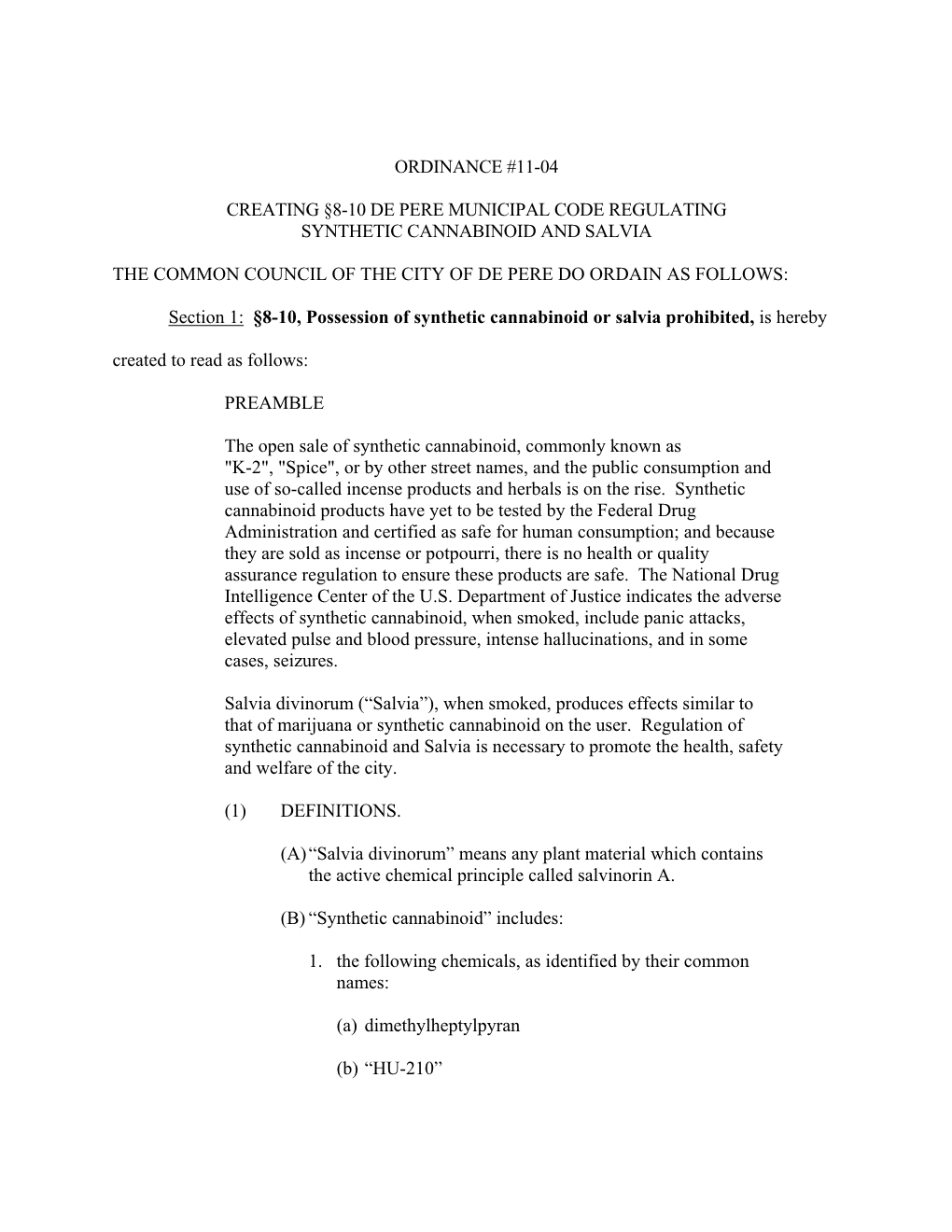 Ordinance #11-04 Creating §8-10 De Pere Municipal Code