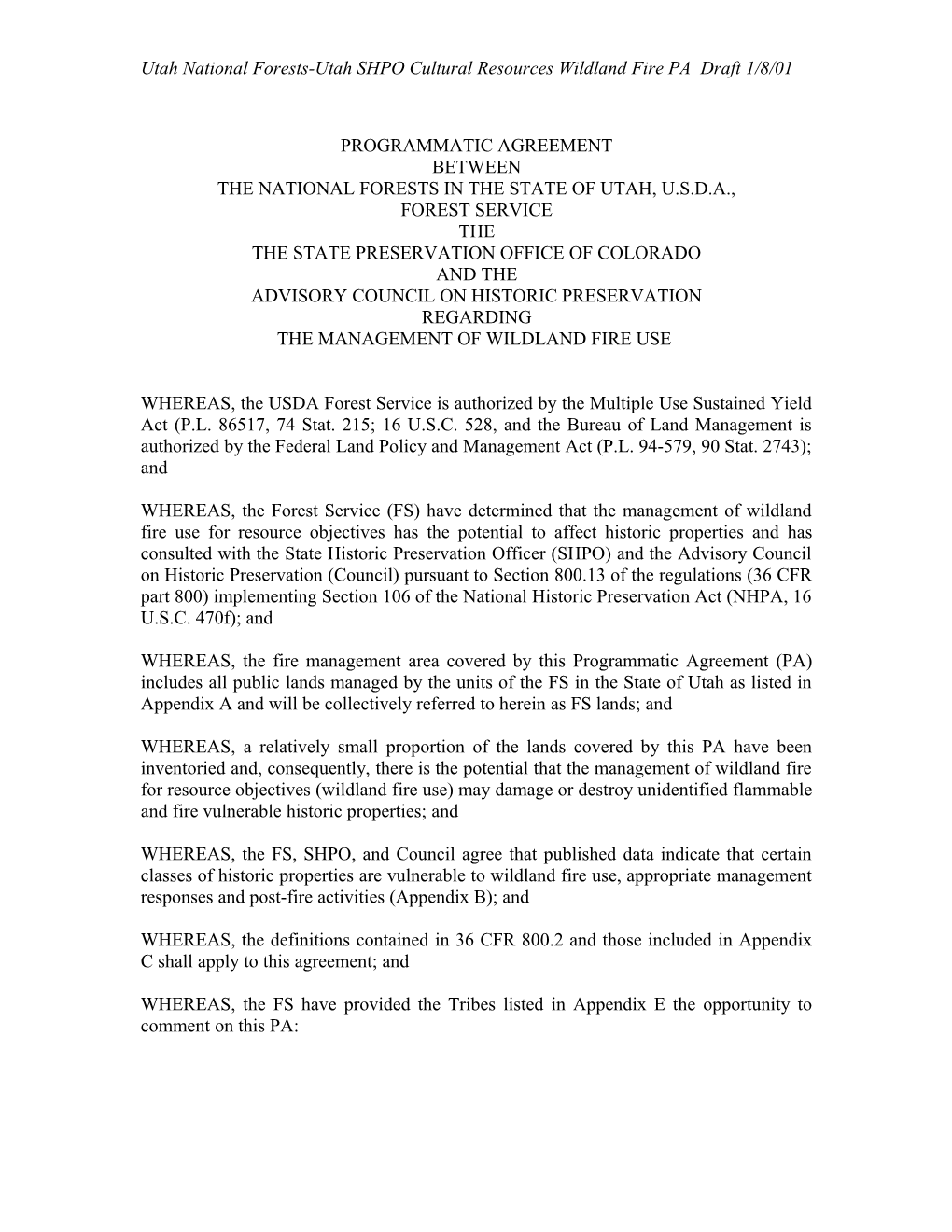 Utah National Forests-Utah SHPO Cultural Resources Wildland Fire PA Draft 1/8/01