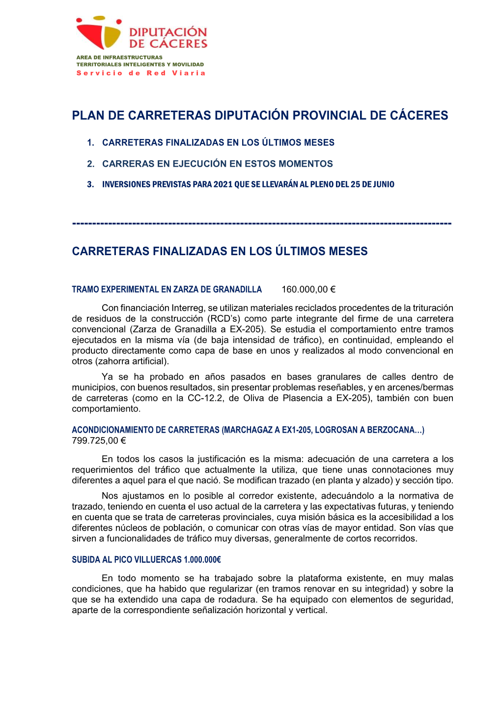 Plan De Carreteras Diputación Provincial De Cáceres