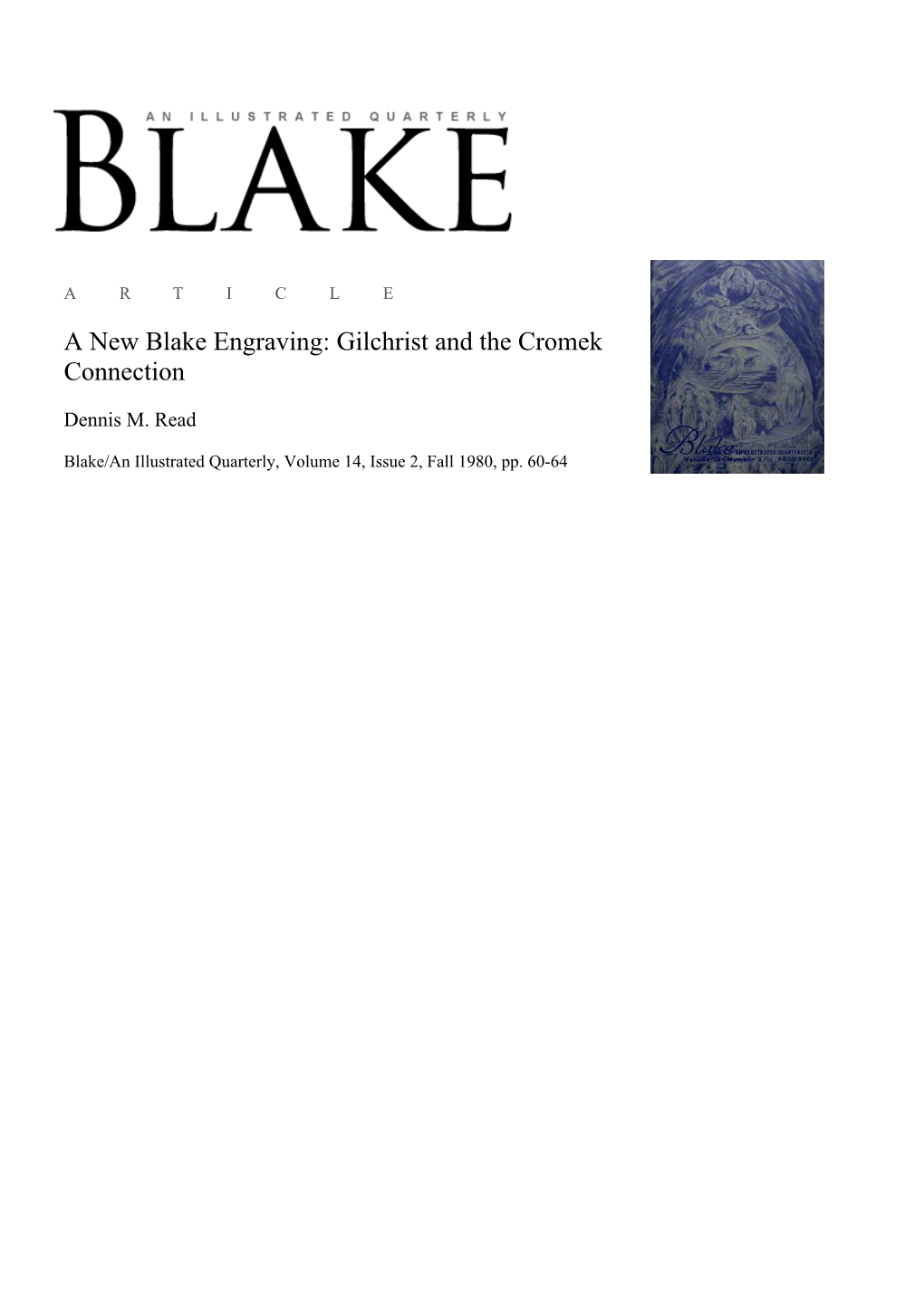 A New Blake Engraving: Gilchrist and the Cromek Connection