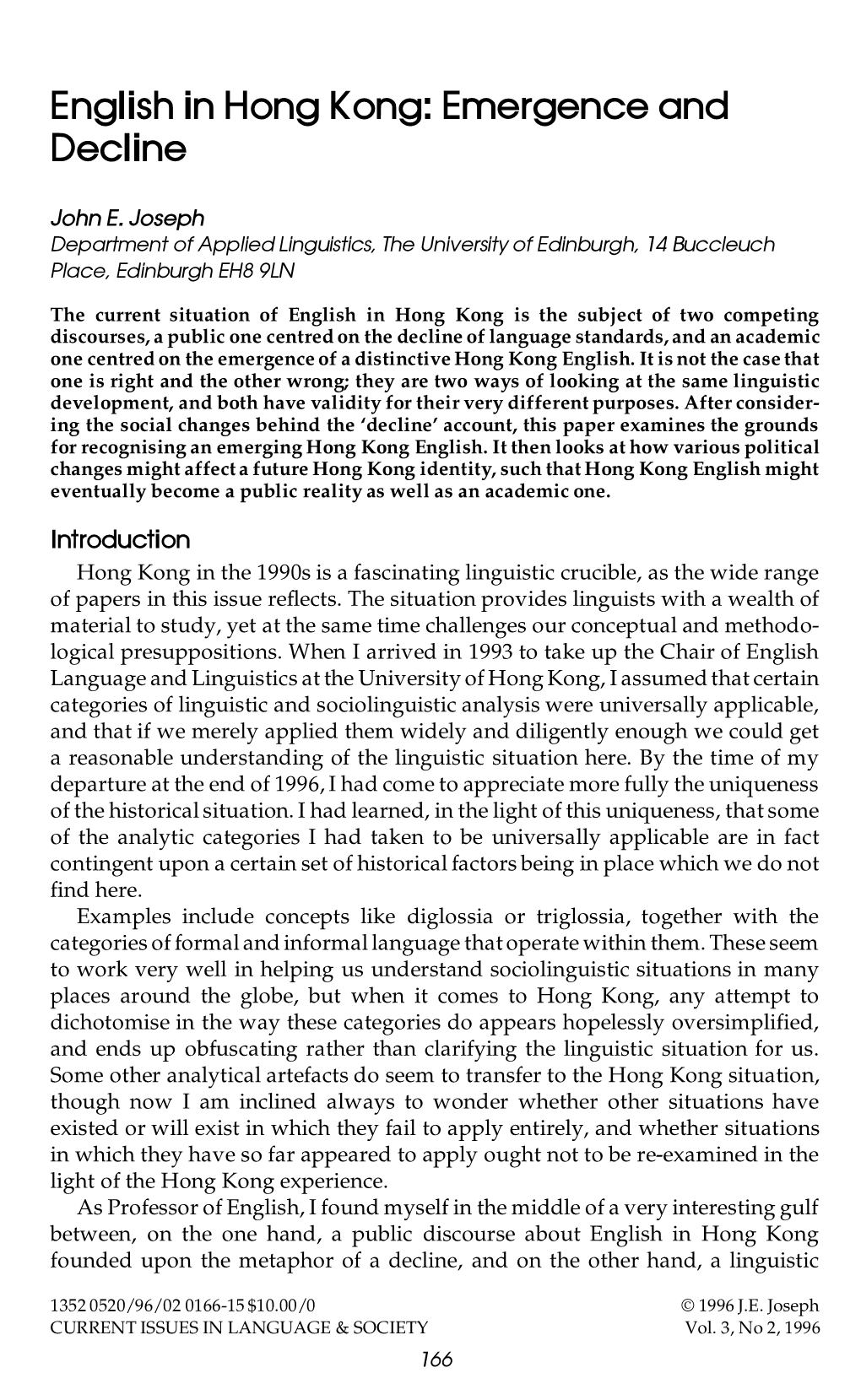English in Hong Kong: Emergence and Decline