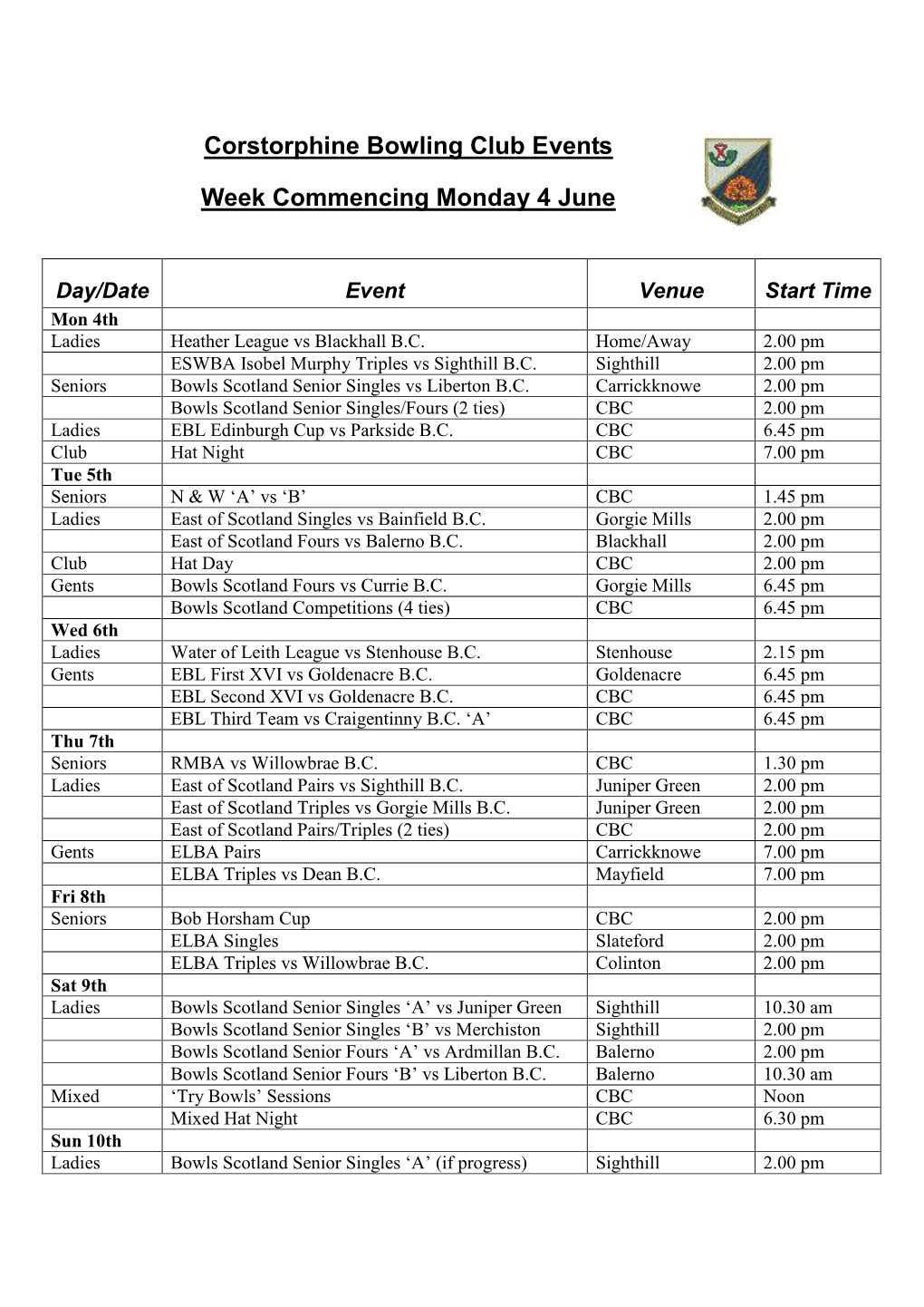 Corstorphine Bowling Club Events