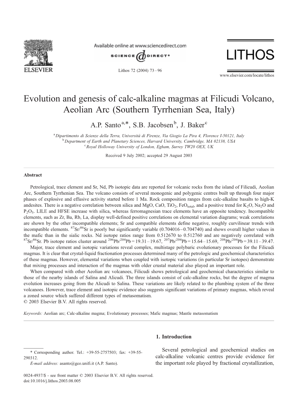 Evolution and Genesis of Calc-Alkaline Magmas at Filicudi Volcano, Aeolian Arc (Southern Tyrrhenian Sea, Italy)
