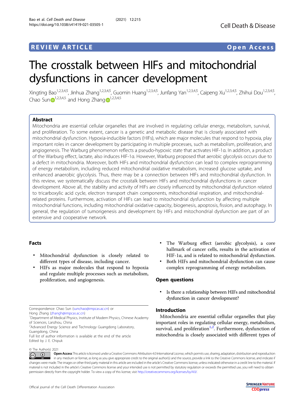 The Crosstalk Between Hifs and Mitochondrial Dysfunctions in Cancer Development