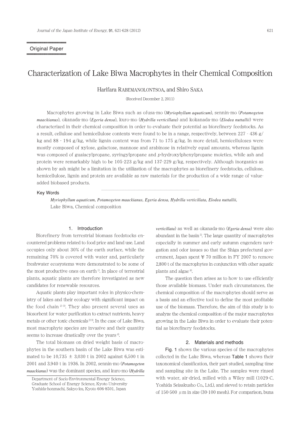 Characterization of Lake Biwa Macrophytes in Their Chemical Composition