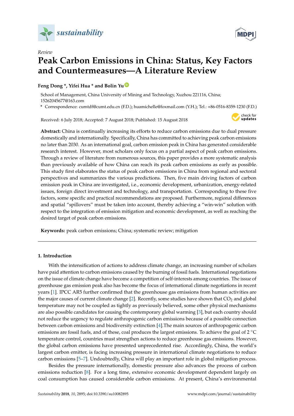 Peak Carbon Emissions in China: Status, Key Factors and Countermeasures—A Literature Review