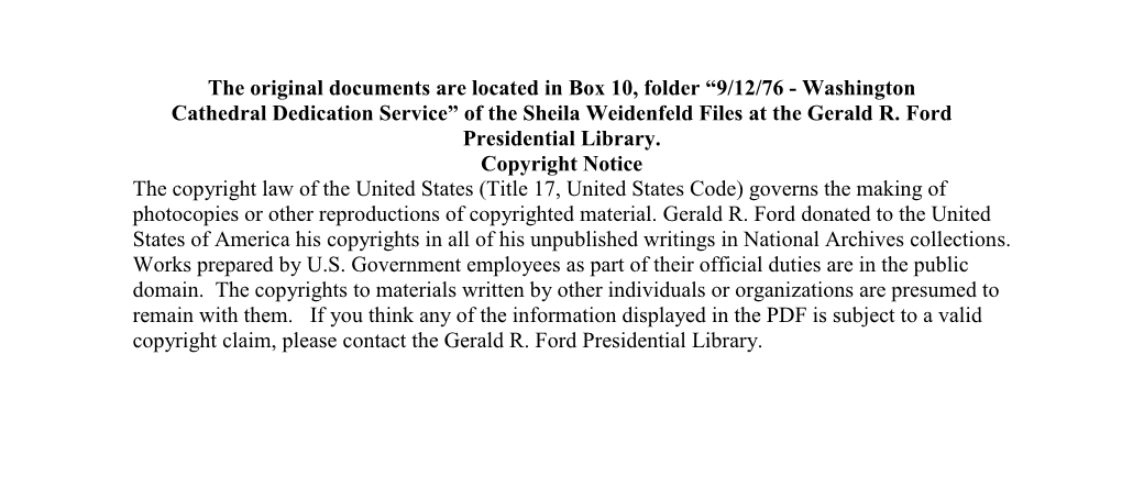 9/12/76 - Washington Cathedral Dedication Service” of the Sheila Weidenfeld Files at the Gerald R