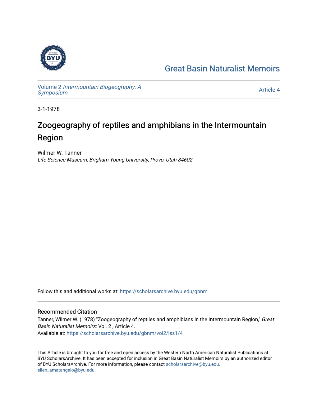 Zoogeography of Reptiles and Amphibians in the Intermountain Region