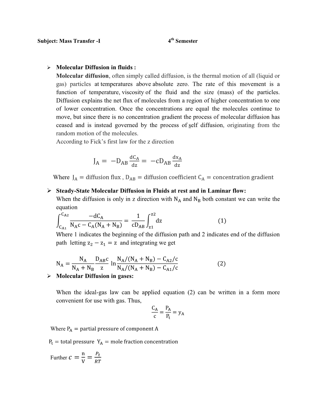 Molecular Diffusion in Fluids : Molecular Diffusion, Often Simply