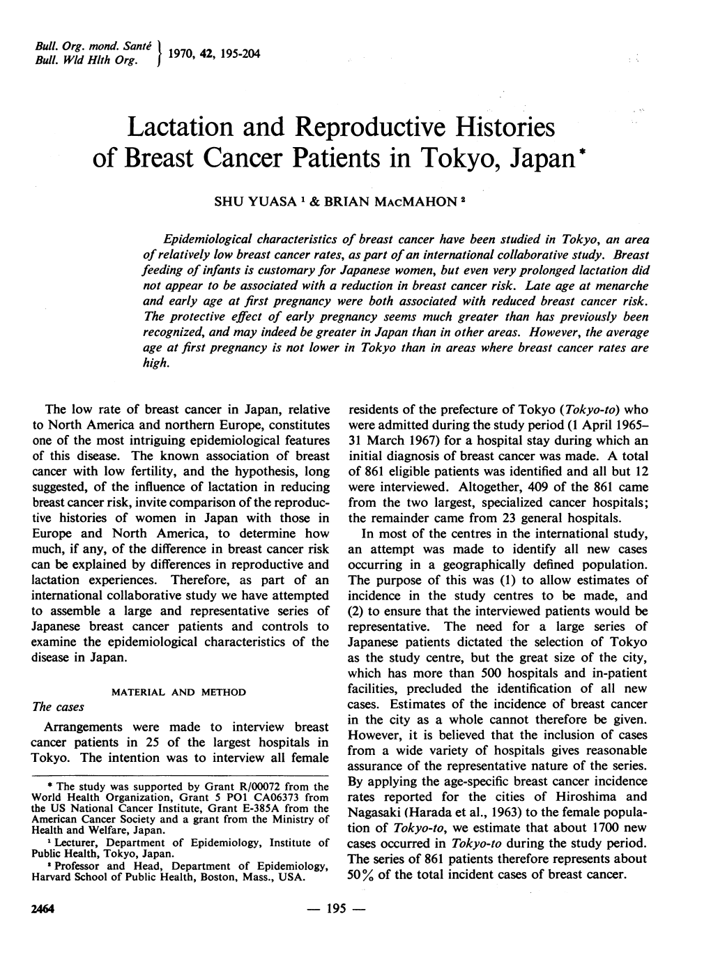 Lactation and Reproductive Histories of Breast Cancer Patients in Tokyo, Japan*