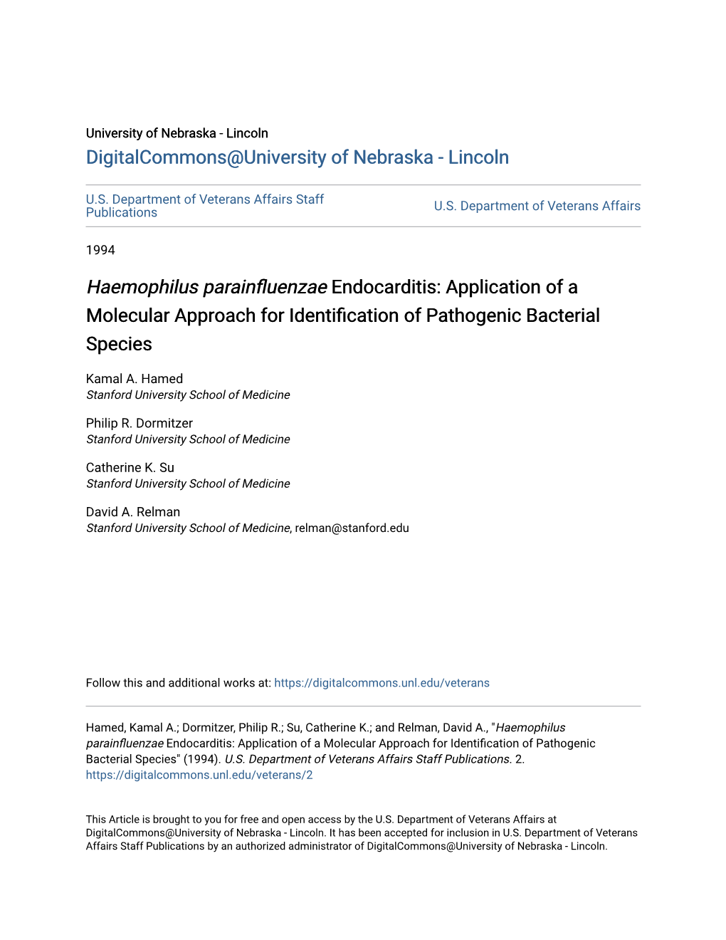 Haemophilus Parainfluenzae Endocarditis: Application of a Molecular Approach for Identification of Athogenicp Bacterial Species