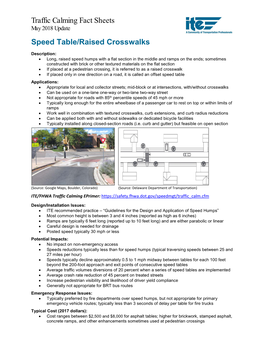 Traffic Calming Fact Sheets May 2018 Update Speed Table/Raised Crosswalks