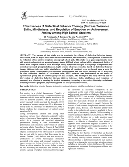 Effectiveness of Dialectical Behavior Therapy (Distress Tolerance Skills, Mindfulness, and Regulation of Emotion) on Achievement Anxiety Among High School Students H