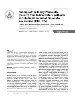 Shrimps of the Family Pandalidae (Caridea) from Indian Waters, with New Distributional Record of Plesionika Adensameri (Balss, 1914)