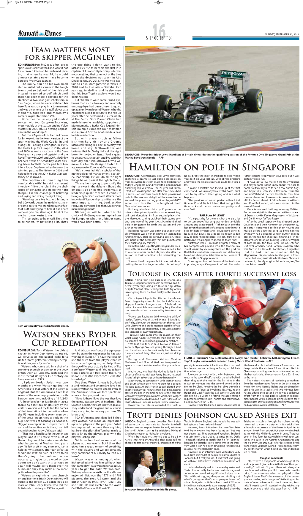 Hamilton on Pole in Singapore Winning Putt at the Belfry in 2002 and “He’S a Great Lad