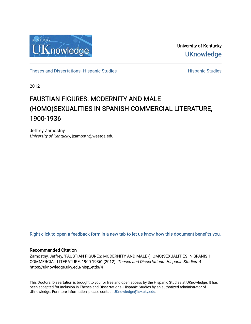 Faustian Figures: Modernity and Male (Homo)Sexualities in Spanish Commercial Literature, 1900-1936