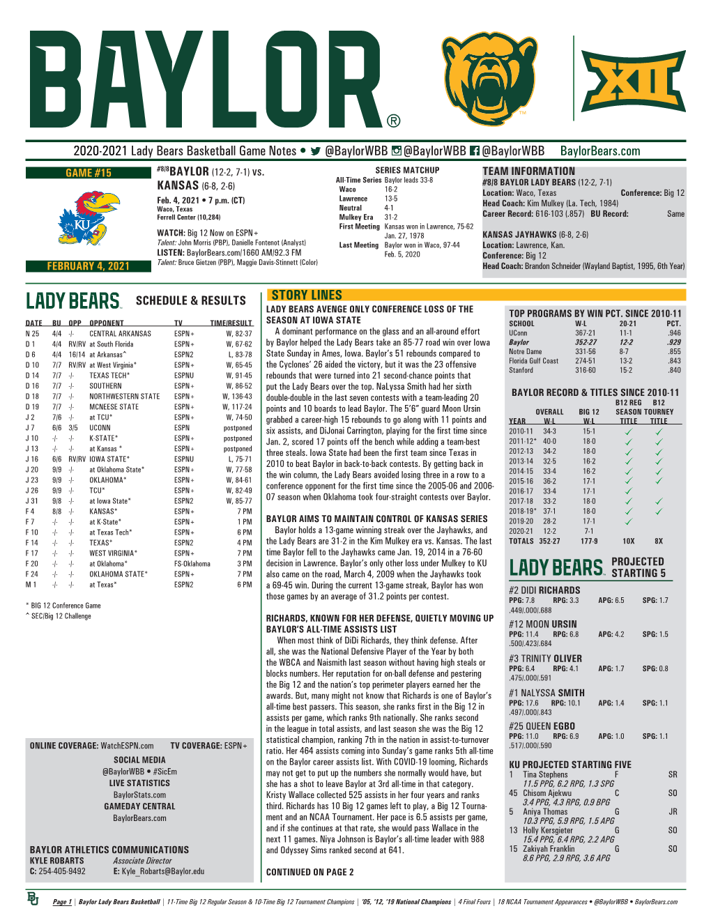 2020-2021 Lady Bears Basketball Game Notes • @Baylorwbb @Baylorwbb @Baylorwbb Baylorbears.Com GAME #15 #8/8BAYLOR (12-2, 7-1) Vs