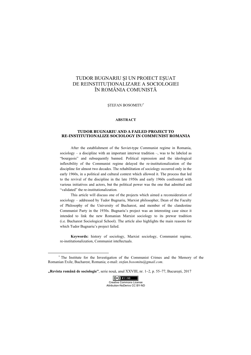 Tudor Bugnariu Şi Un Proiect Eşuat De Reinstituţionalizare a Sociologiei În România Comunistă