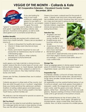 VEGGIE of the MONTH - Collards & Kale NC Cooperative Extension - Cleveland County Center December, 2014