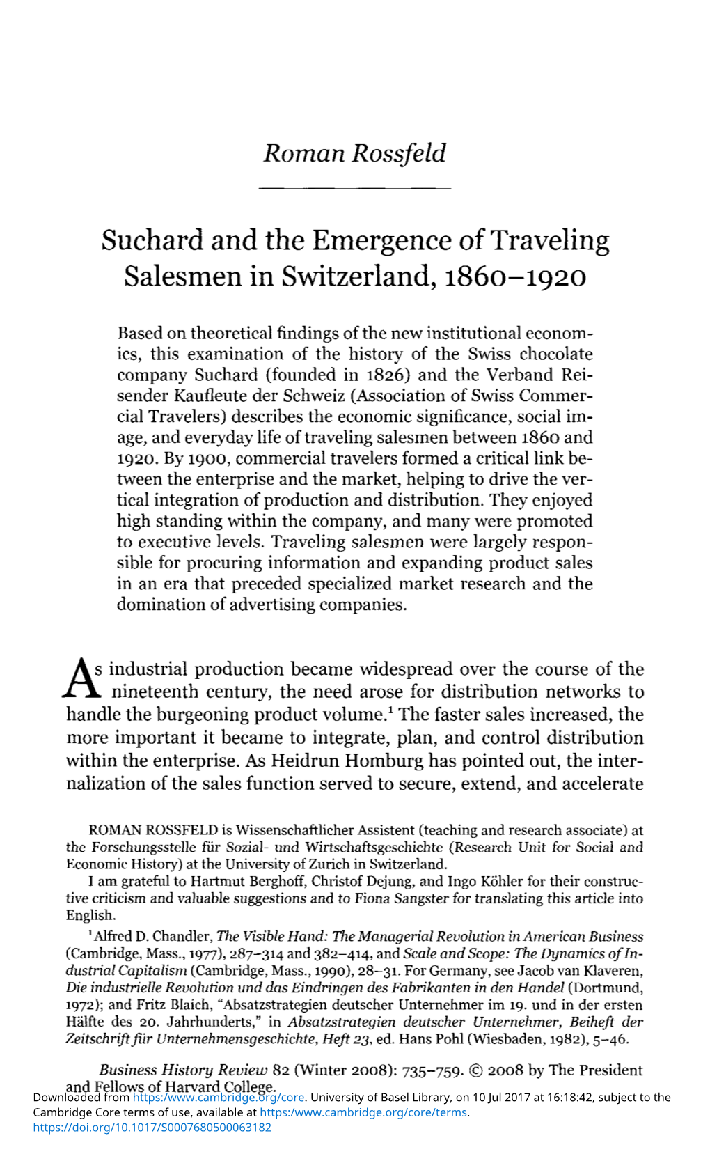 Suchard and the Emergence of Traveling Salesmen in Switzerland, 1860-1920