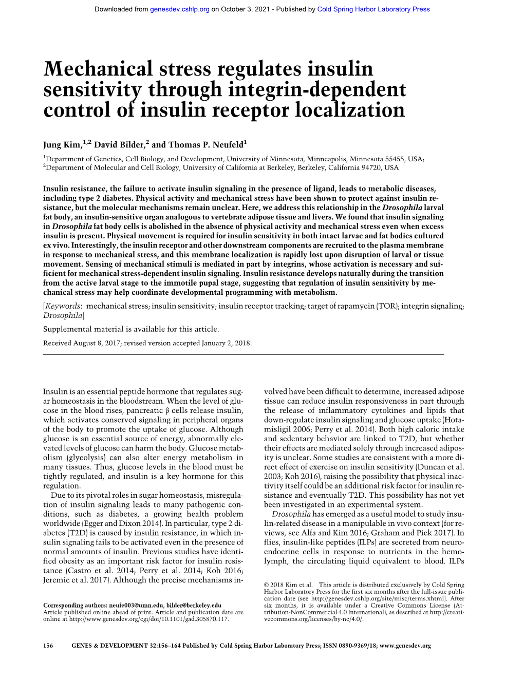 Mechanical Stress Regulates Insulin Sensitivity Through Integrin-Dependent Control of Insulin Receptor Localization