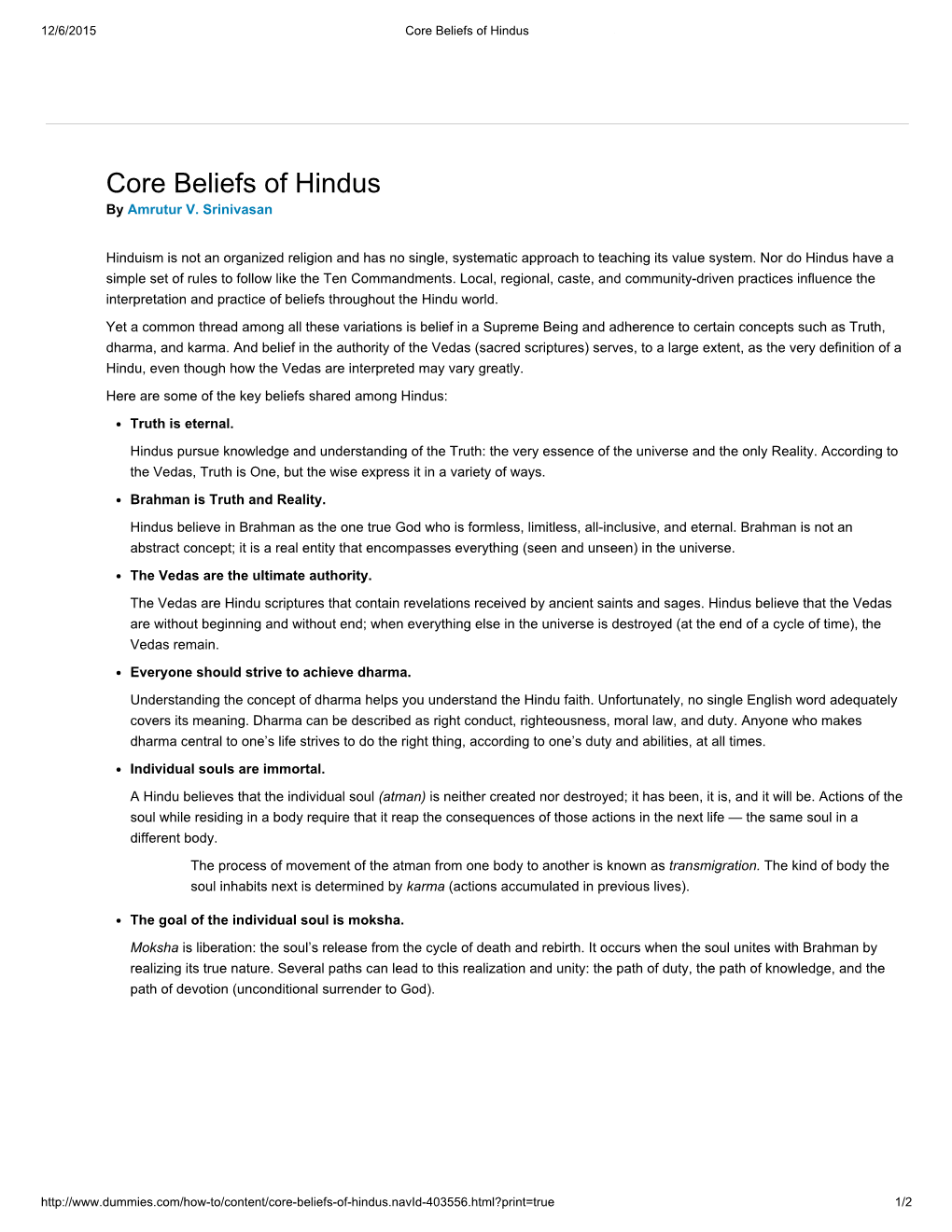 Core Beliefs of Hindus ­ for Dummies