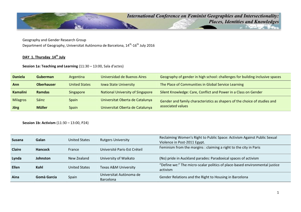 International Conference on Feminist Geographies and Intersectionality: Places, Identities and Knowledges