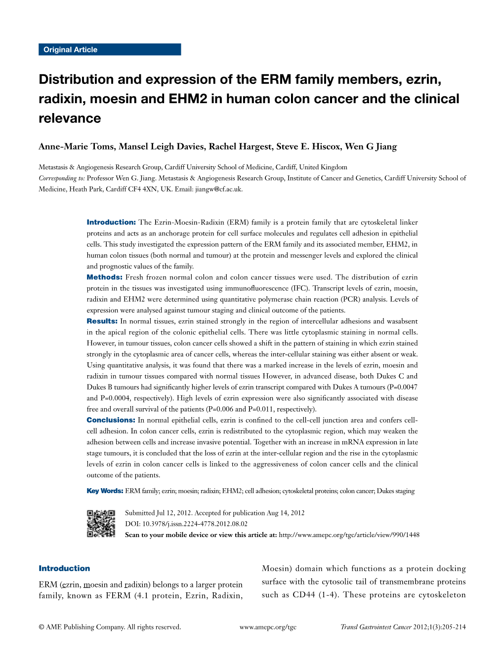 Distribution and Expression of the ERM Family Members, Ezrin, Radixin, Moesin and EHM2 in Human Colon Cancer and the Clinical Relevance