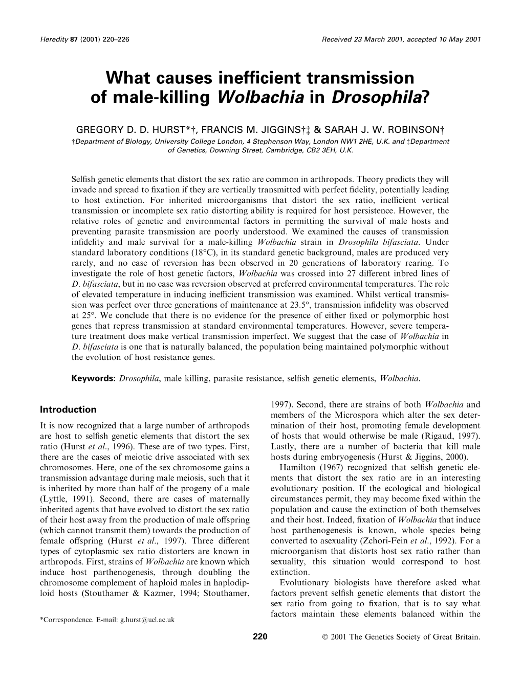 What Causes Inefficient Transmission of Male-Killing Wolbachia in Drosophila?