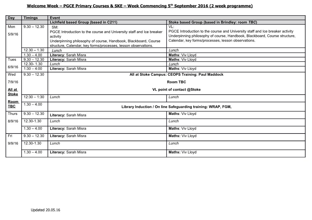 Welcome Week PGCE Primary Courses & SKE Week Commencing 5Th September 2016 (2 Week Programme)