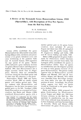 A Review of the Trematode Genus Hamacreadium Linton, 1910 (Opecoelidae),With Descriptions of Two New Species from the Red Sea Fishes