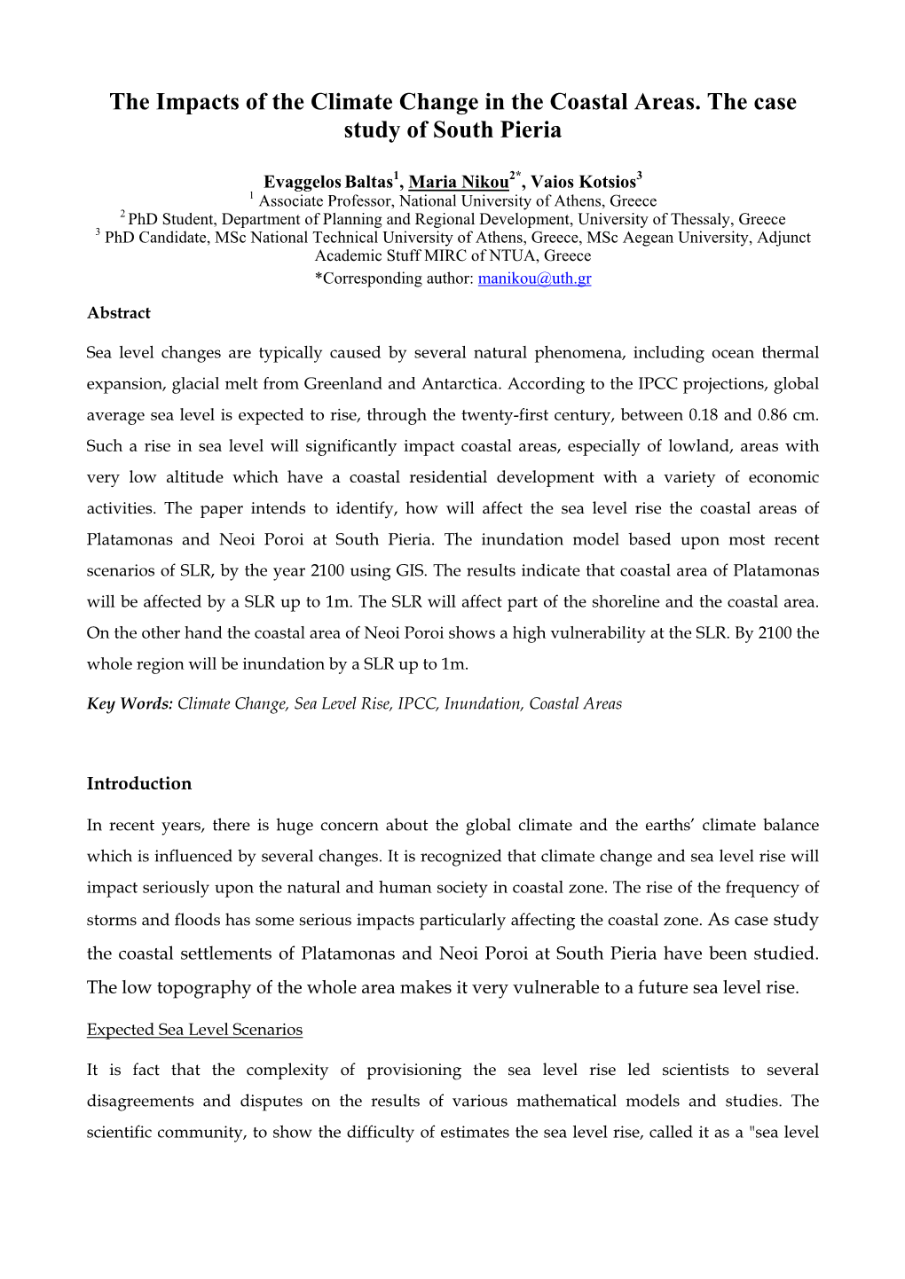 The Impacts of the Climate Change in the Coastal Areas. the Case Study of South Pieria