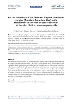 Annelida, Amphinomidae) in the Mediterranean Sea with an Updated Revision of the Alien Mediterranean Amphinomids