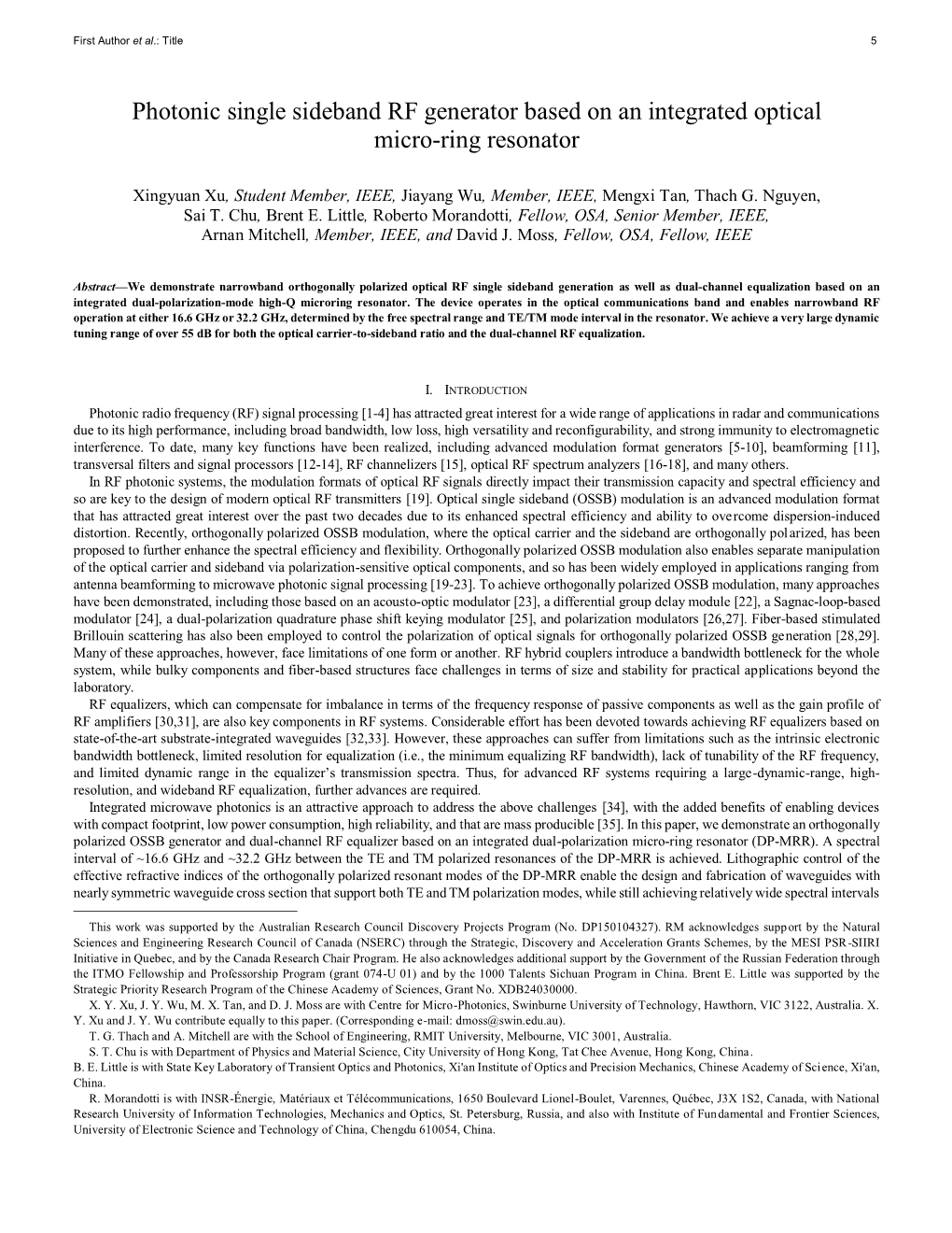 Photonic Single Sideband RF Generator Based on an Integrated Optical Micro-Ring Resonator