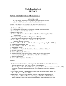 M.A. Reading List FRENCH Period 1 : Medieval and Renaissance