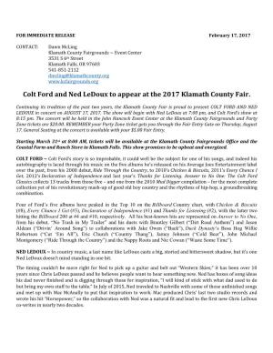 Colt Ford and Ned Ledoux to Appear at the 2017 Klamath County Fair