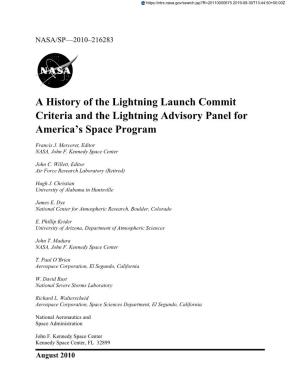 A History of the Lightning Launch Commit Criteria and the Lightning Advisory Panel for America’S Space Program