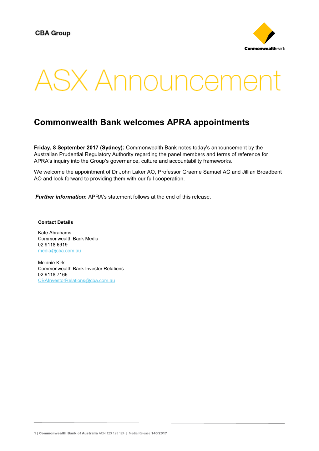 Commonwealth Bank Welcomes APRA Appointments