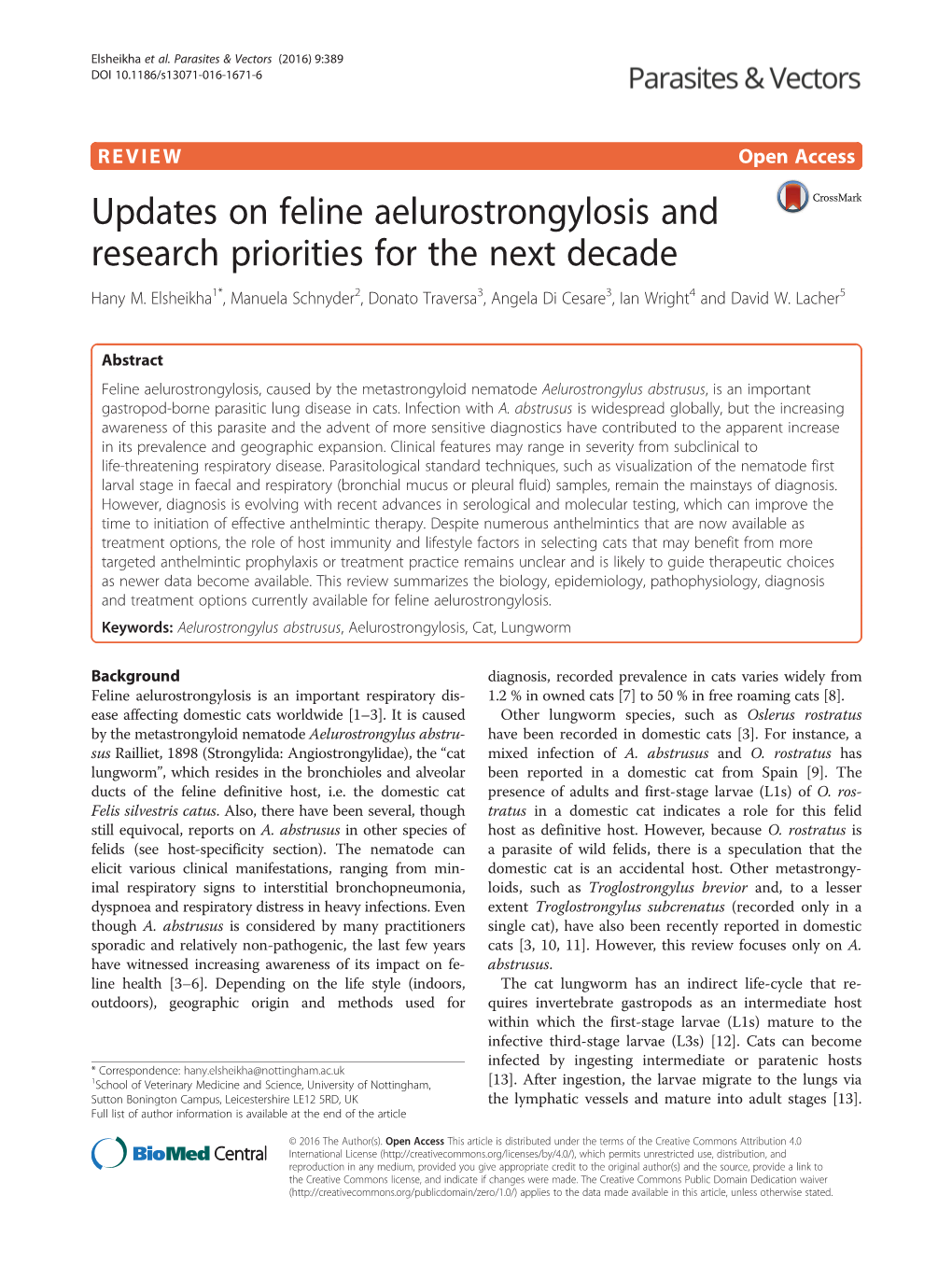 Updates on Feline Aelurostrongylosis and Research Priorities for the Next Decade Hany M