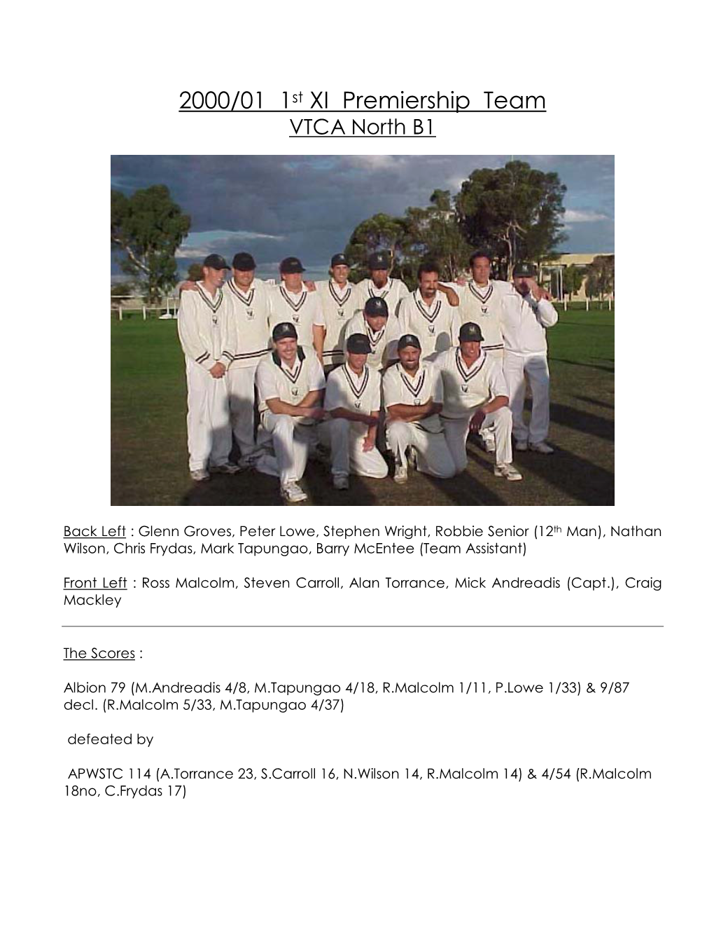 2000/01 1St XI Premiership Team VTCA North B1