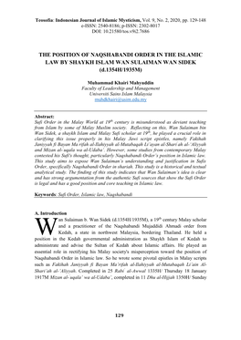 THE POSITION of NAQSHABANDI ORDER in the ISLAMIC LAW by SHAYKH ISLAM WAN SULAIMAN WAN SIDEK (D.1354H/1935M)