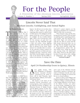 For the People a Newsletter of the Abraham Lincoln Association Volume 5, Number 1 Spring 2003 Springfield, Illinois