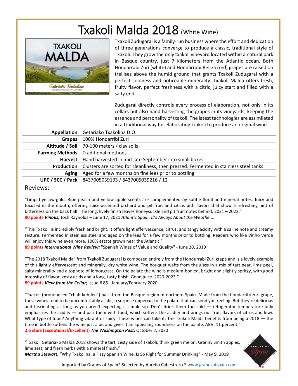 Txakoli Malda 2018(White Wine)