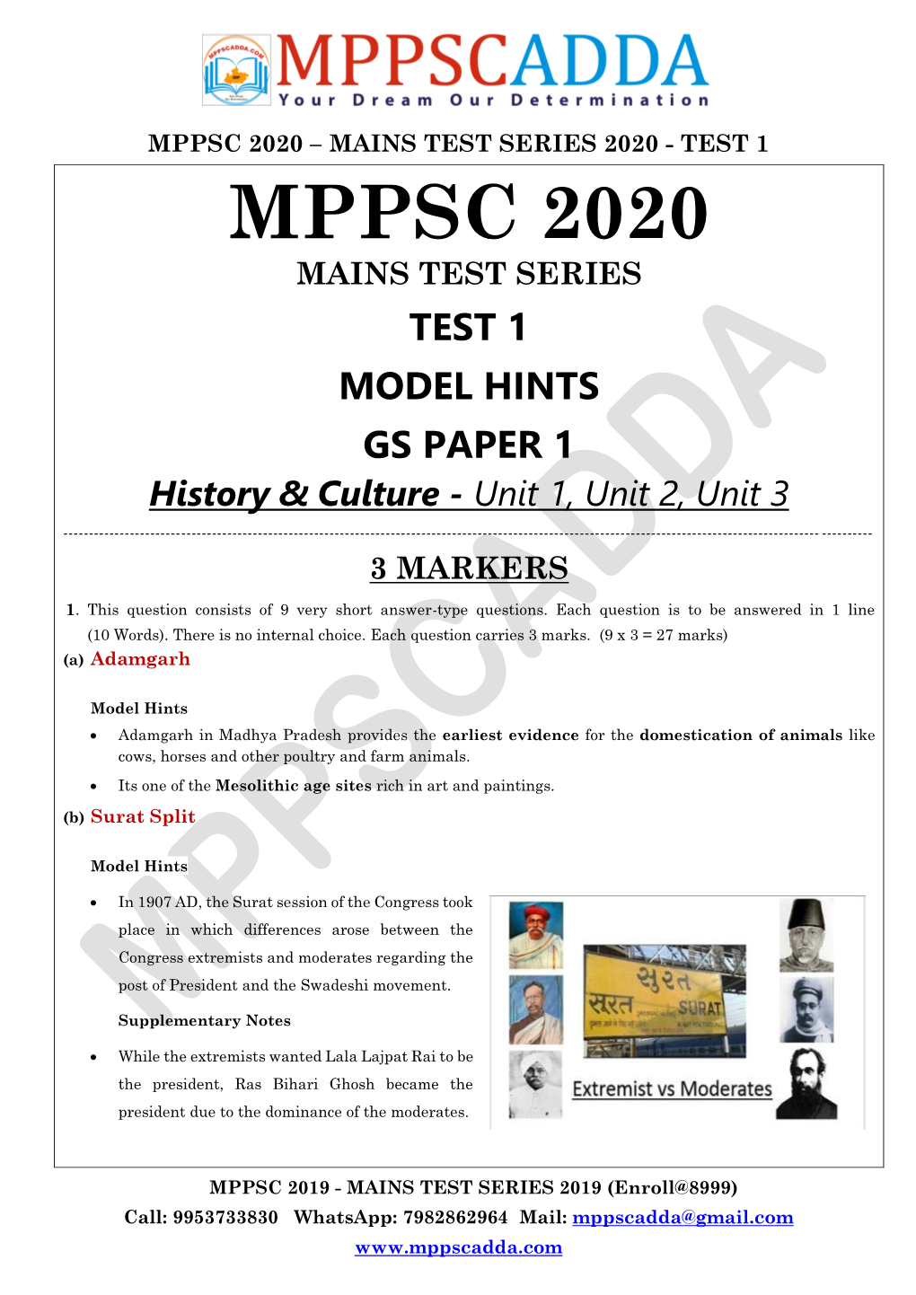MPPSC 2020 – MAINS TEST SERIES 2020 - TEST 1 MPPSC 2020 MAINS TEST SERIES TEST 1 MODEL HINTS GS PAPER 1 History & Culture - Unit 1, Unit 2, Unit 3 ------3 MARKERS