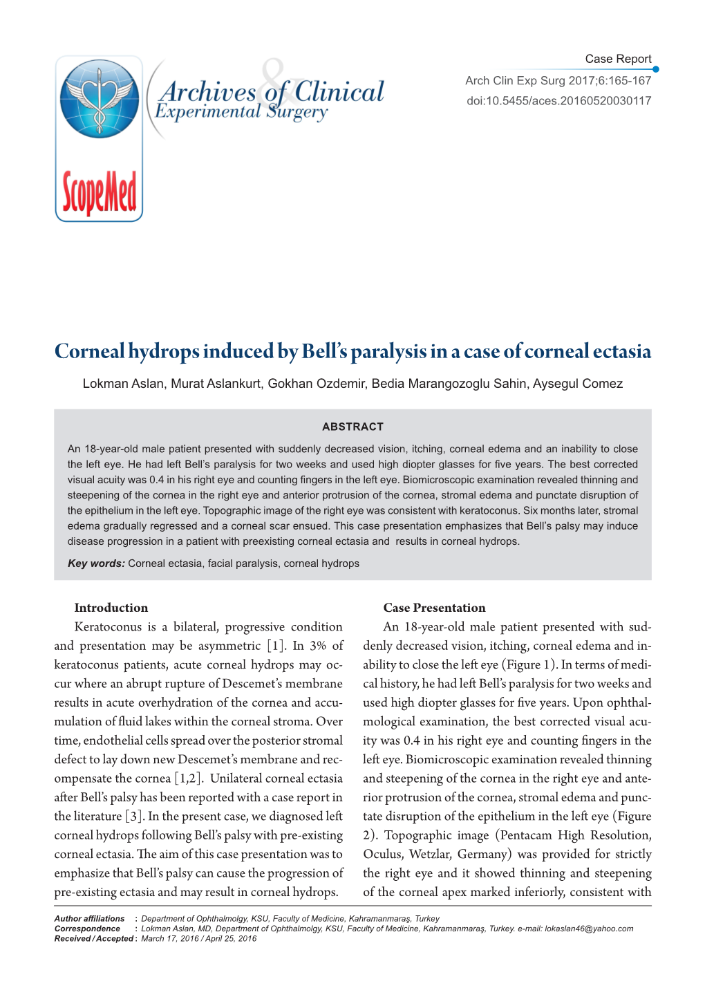 Corneal Hydrops Induced by Bell's Paralysis in a Case of Corneal Ectasia