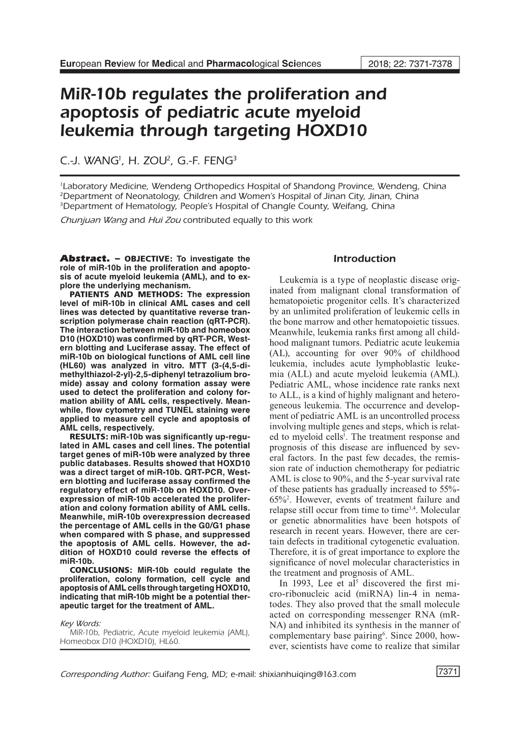 Role of Mir-10B in Pediatric Acute Myeloid Leukemia