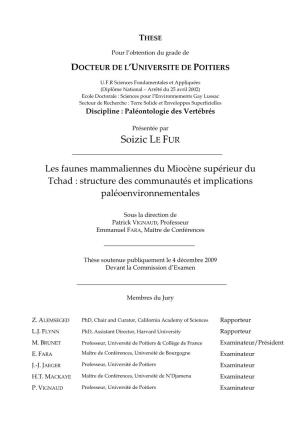 Les Faunes Mammaliennes Du Miocène Supérieur Du Tchad : Structure Des Communautés Et Implications Paléoenvironnementales